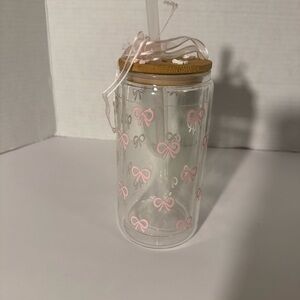 Clear Glass Tumbler with Pink Bow Design